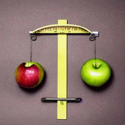 Image similar to set of balance scales with weights, one apple and one onion