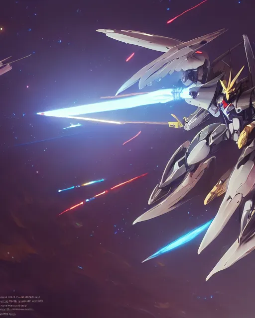 Image similar to highly detailed vfx portrait of a gundam wing with wings of feathers beam saber fighting in space with a beam gun, unreal engine, greg rutkowski, loish, rhads, beeple, makoto shinkai and lois van baarle, ilya kuvshinov, rossdraws, tom bagshaw, alphonse mucha, global illumination, detailed and intricate environment