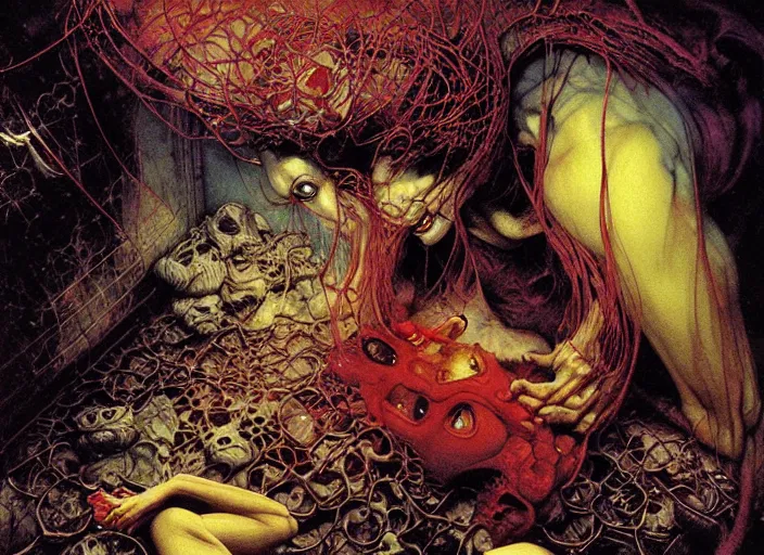 Prompt: realistic detailed of a little monster hiding under the bed in an old soviet room by Ayami Kojima, Amano, Karol Bak, Greg Hildebrandt, and Mark Brooks, Neo-Gothic, gothic, rich deep colors. Beksinski painting, part by Adrian Ghenie and Gerhard Richter. art by Takato Yamamoto. masterpiece. ultra details, high quality, high resolution .