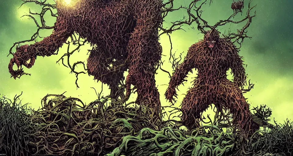 Image similar to Marvel Comics Man Thing Battles DC Comics Swamp Thing In A Misty Swamp, bats, sunset, volumetric lighting, hyperrealistic, beautiful details, HDR, octane render, action shot, wide angle, bokeh, Yasushi Niarasawa Moebius Jim Steranko Style