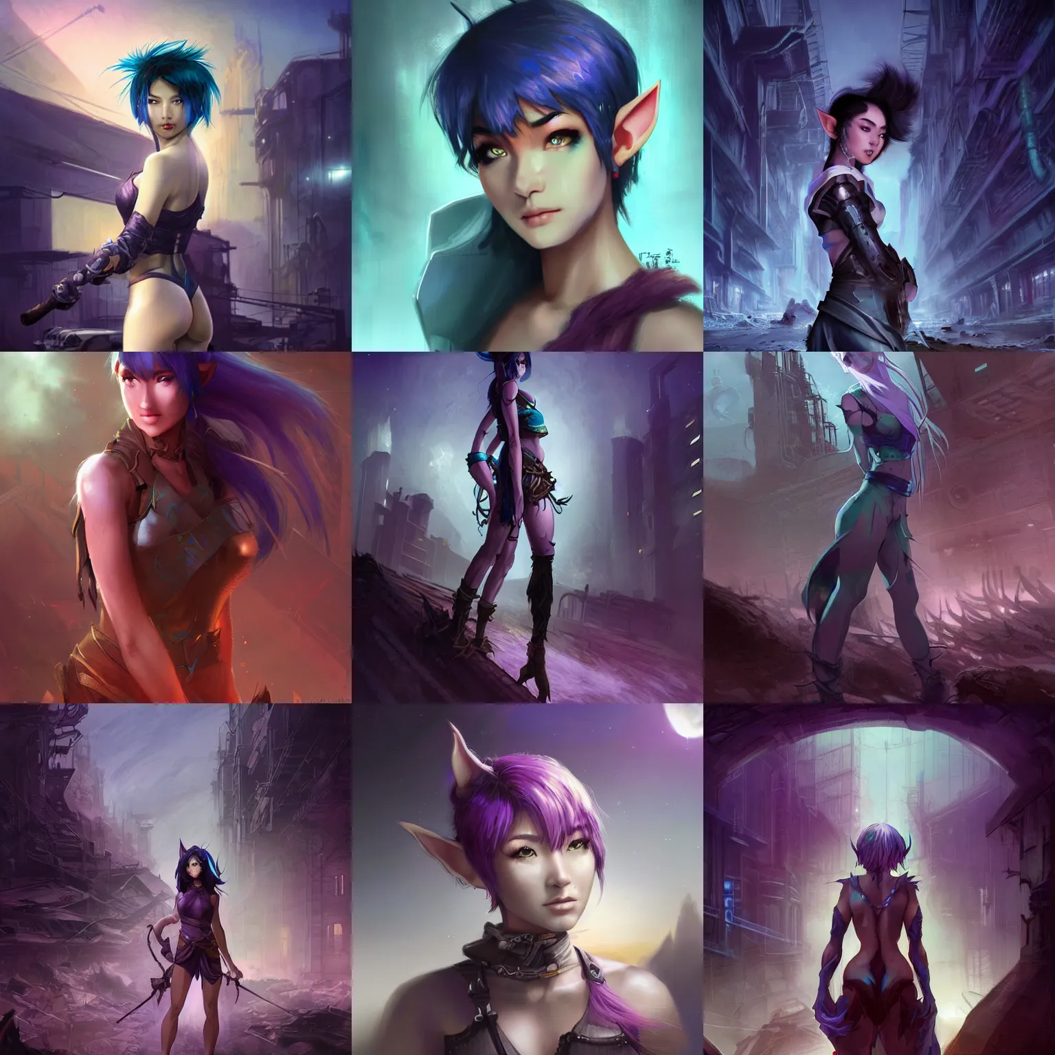 Prompt: stunning, breathtaking, awe-inspiring award-winning concept art of an attractive young asian elf woman with pointy ears and blue hair in an endlessly sprawling desolate abandoned post-apocalyptic industrial city at night, extremely moody purple lighting, cinematic, by Frank Frazetta, by Artgerm, 8K