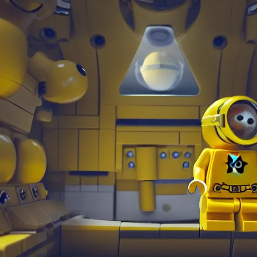 Image similar to lego minion astronaut in the spaceship by goro fujita and beeple, realism, sharp details, cinematic, highly detailed, digital, 3 d, yellow colors