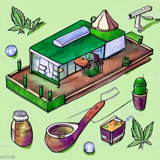 Image similar to vector drawn line art of cannabis cafe, isometric art, shading layer complete watercolor