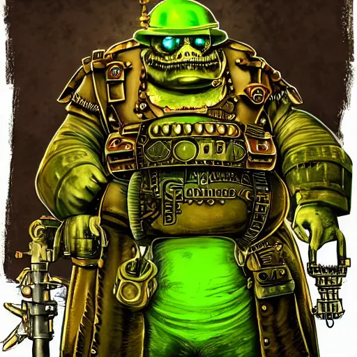 Prompt: highly detailed steampunk portrait of a morbid obese undead heavy soldier with heavy machine guns, rusty, green radioactive glow, toxic waste, wastelands