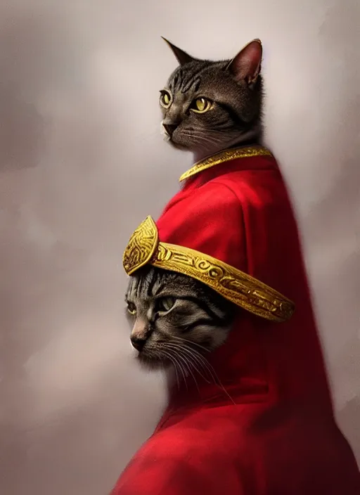 Prompt: side profile of a cat king wearing a crown and red robes, fantasy, digital painting, volumetric light, intricate, sharp, focus, bloom, illustration, highly detailed, concept art, matte, ruan jia, randy vargas, greg rutkowski