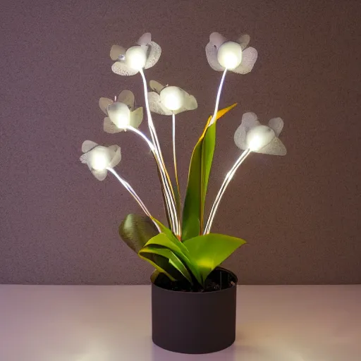 Image similar to a cybernetic, metallic, reflective orchid flower, LED lights, glowing