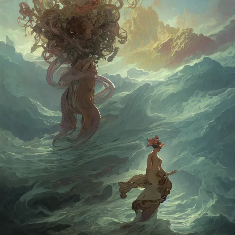 Prompt: bright eyes full of cosmic nebulae drowning in a boiling ocean, concept art, nostalgic melancholic artwork, by Peter Mohrbacher and Alphonse Mucha, detailed, style, 8k, trending on artstation, unreal engine 4k, detailed, clean background trending, full shot, symmetrical portrait, sophisticated, Unreal engine, dystopia, anti-utopia, post processing, psychadelic