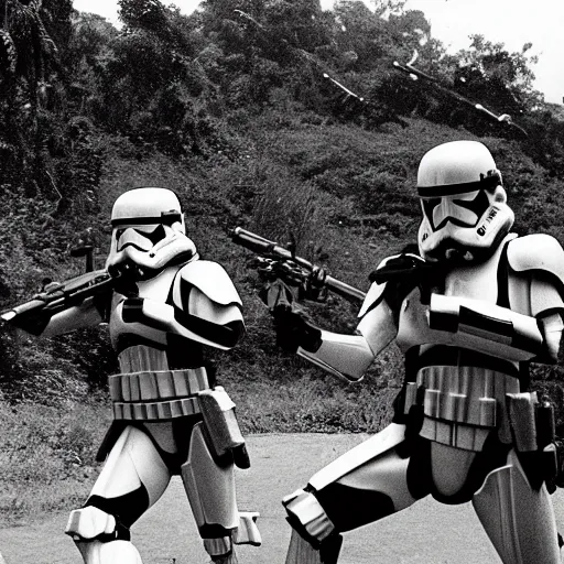 Image similar to star wars clone troopers combat soldiers in vietnam, photo, old picture, lush landscape, jungle, firearms, explosions, helicopters, aerial combat, active battle zone, flamethrower, air support, jedi, land mines, gunfire, violent, star destroyers, star wars lasers, sci - fi, jetpacks, agent orange, bomber planes, smoke, trench warfare