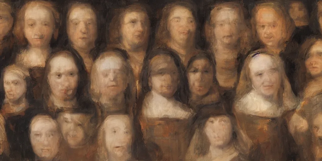 Prompt: a grid of oil paintings of women with blank expressions, in the style of Rembrandt, very detailed, head and shoulders, dark background, perfect lighting, 8k, HD