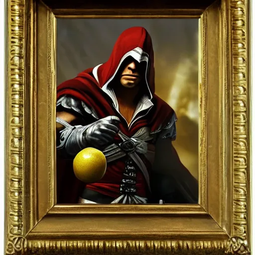 Image similar to painting of ezio auditore holding a golden apple