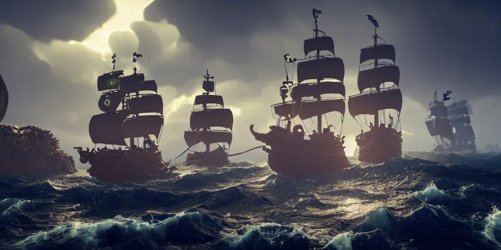 Prompt: sea of thieves screenshot, kraken, dark, storm, unreal engine, digital art