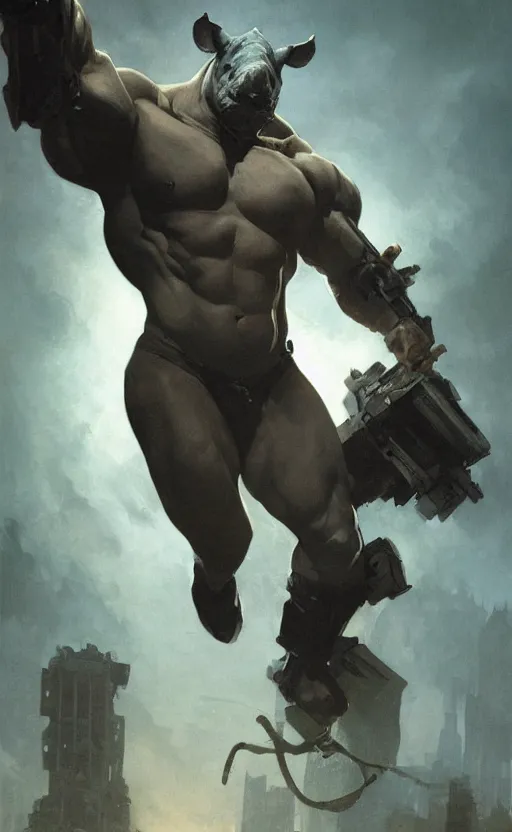 Image similar to rocksteady, rhino, mutant, rugged, handsome, male, atmospheric lighting, amazing, full body, thighs, armpit, muscular, intricate, highly detailed, digital painting, deviantart, concept art, sharp focus, illustration, art by greg rutkowski and alphonse mucha