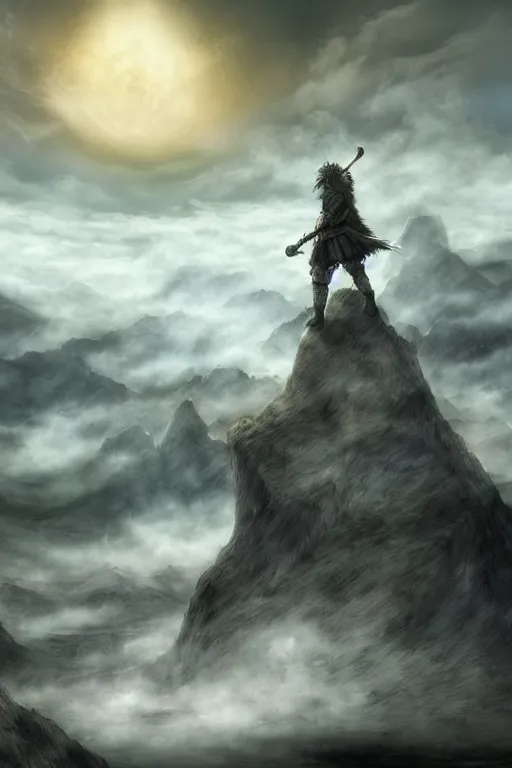 Prompt: Tonemapped warrior with lowered sword in the style of Kentaro Miura, with a landscape in the style of Wanderer above the Sea of Fog