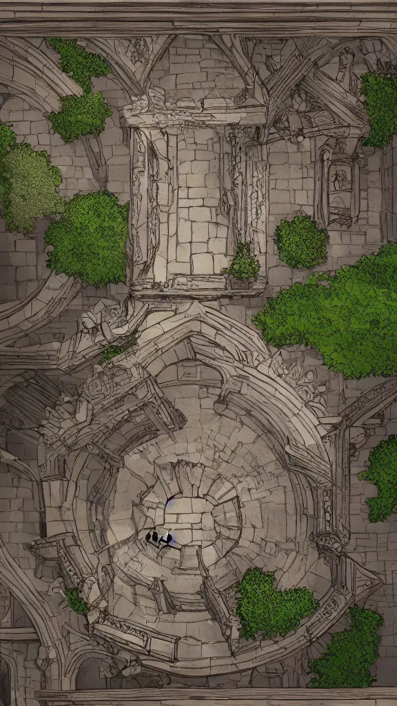 Image similar to wide establishing shot of a dungeons and dragons battle map, top view of inside of a great hall inside a castle, dynamic composition, dramatic lighting, trending on artstation, digital art, stylized painting