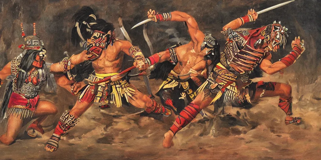 Prompt: Aztec Jaguar Warrior fighting with Samurai in a one on one fight. Highly detailed, movie scene.