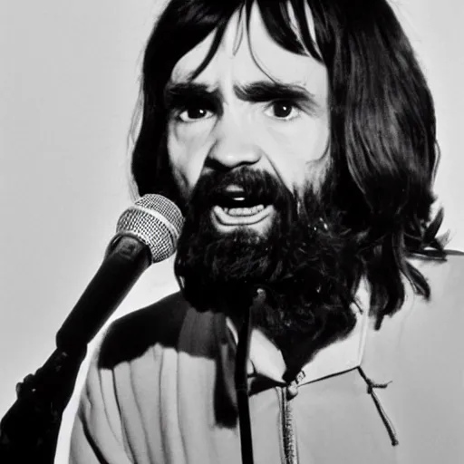 Image similar to charles manson singing with the beatles, black and white, high quality photography, realistic, detailed, uncropped, realistic face,