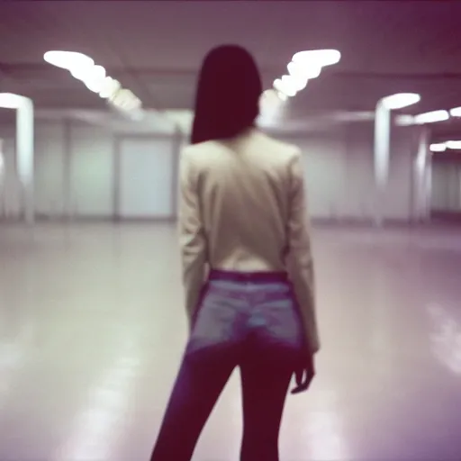 Prompt: a lone female android girlfriend stands motionless in front of the camera in an empty retail backroom room with cinestill 7 0's film liminal, flash photography