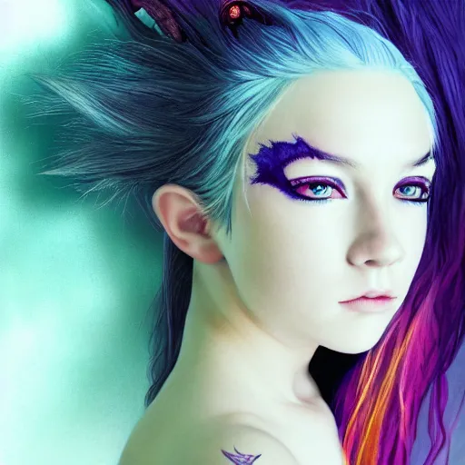 Image similar to portrait of young girl half dragon half human, dragon girl, dragon skin, dragon eyes, dragon crown, blue hair, long hair, highly detailed, cinematic lighthing, By David Lynch