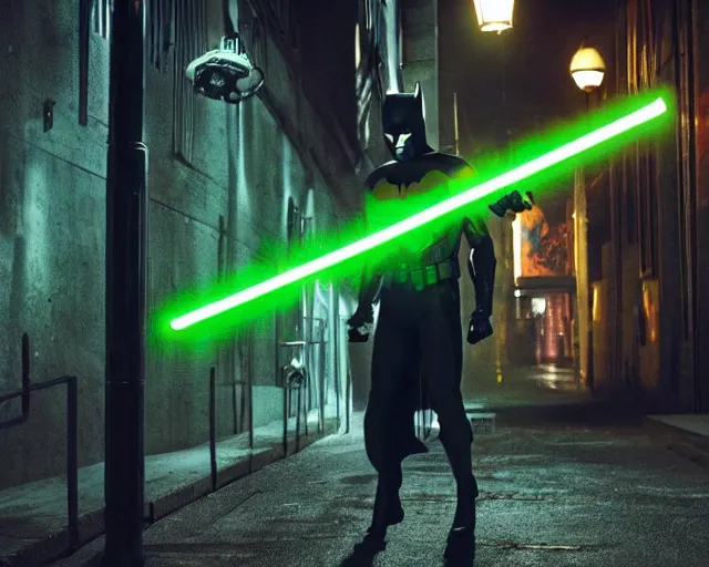 Prompt: a high definition photograph of Batman swinging a green lightsaber through a lamppost in a dark city alleyway at nighttime