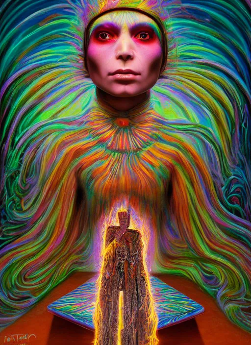 Image similar to portrait ultra dimensional enlightened cult girl shaman, tripping on dmt salvia, psychedelic experience, ascending through the fifth dimension moving at the speed of light and sitting still, ultra high definition, unreal engine 5, hyperrealism, masterpiece composition, by peter kemp, casey weldon, barclay shaw