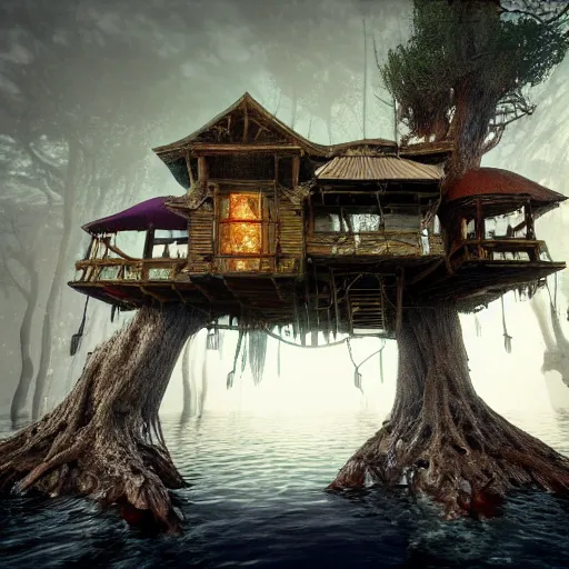 Prompt: underwater tree house, full - body : : symmetrical, eerie, insanely detailed, hypermaximalist, elegant, hyper realistic, super detailed, pastel colors, cinematic, unreal engine, 8 k,