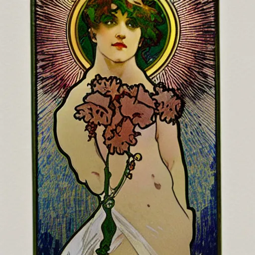 Prompt: Coloured glaze glass,tarot card,Alphonse Mucha