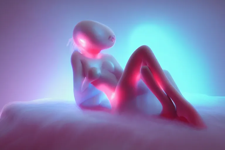 Image similar to a cute alien girl sitting on a cloud relaxing, misty, glows, blender render, hazy, foggy, red lighting, ambient lighting, 8 k,