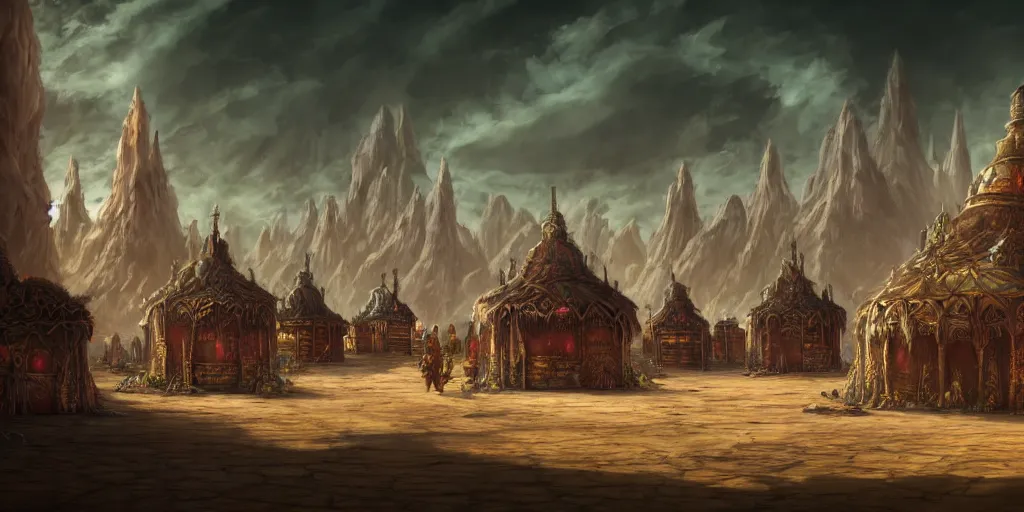 Prompt: a glorious temple city full of merchant tents in a salt desert that is surrounded by green thorny bramble, central cathedral, matte oil painting, science fantasy, retrofuturistic, biblical, rpg, queer, pride, epic, extremely detailed, sharp focus, 4 k