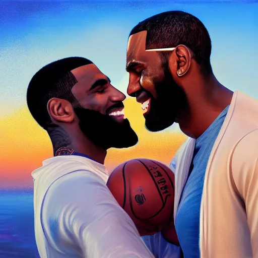 Image similar to beautiful serene intricate portrait of kyrie irving and lebron james taking a selfie, smiling softly, relaxing on the beach, golden hour, soft focus, 8 k, art by irakli nadar, hyperrealism, hyperdetailed, ultra realistic