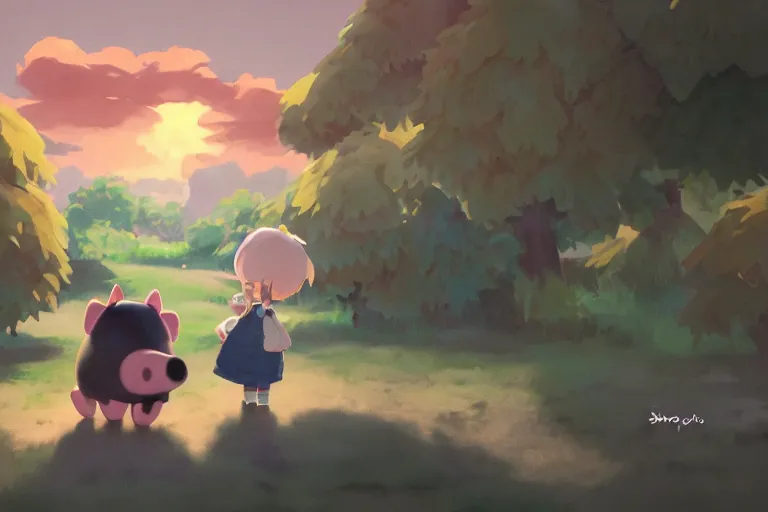 Prompt: gouache matte painting!!!! a wholesome animation key shot cute anthropomorphic pig, sanrio character, plain background, studio ghibli, pixar, disney animation, sharp, rendered in gouache painting, anime key art by makoto shinkai, greg rutkowski, dramatic, dynamic lighting, animal crossing character