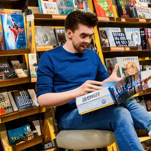 Image similar to jacksepticeye wearing blue jeans playing a video game in a bookstore