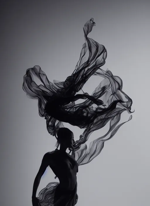 Image similar to a Photorealistic dramatic hyperrealistic render of a beautiful Female smoke dancer by Ken Brower and Deborah Ory of NYC Dance project,Lois Greenfield,Flowing cloth and smoke,Beautiful dynamic dramatic dark moody lighting,volumetric,shadows,cinematic atmosphere,Octane render,8K