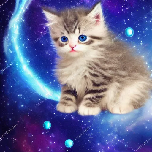Prompt: cute fluffy kitten in space with stars and planet background detailed painting 4k