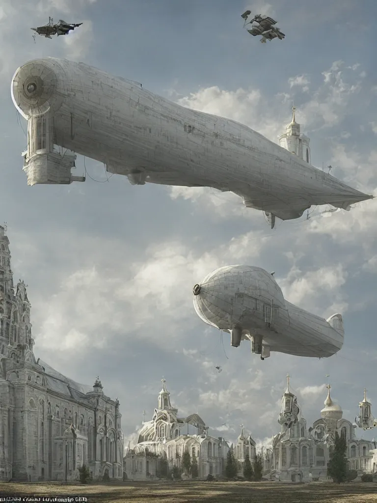 Prompt: a large dieselpunk airship is standing in the air over a splendid white church in russia, full morning sun, matte painting by craig mullins