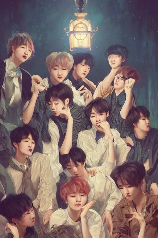 Image similar to beautiful cottagecore BTS k-pop band on stage, fans are screaming, phone wallpaper. intricate, elegant. the background is babylue !. highly detailed, digital painting, artstation, concept art, smooth, sharp, focus, illustration. . art by artgerm and greg rutkowski and alphonse mucha