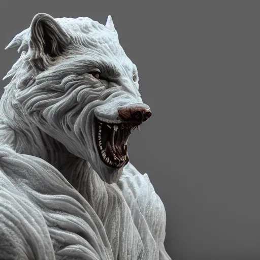 Image similar to a delicate marble sculpture dramatic portrait of a werewolf covered with water veil, highly detailed marble cloth, gi, global illumination, physically based rendering, photorealistic, top light, dark background