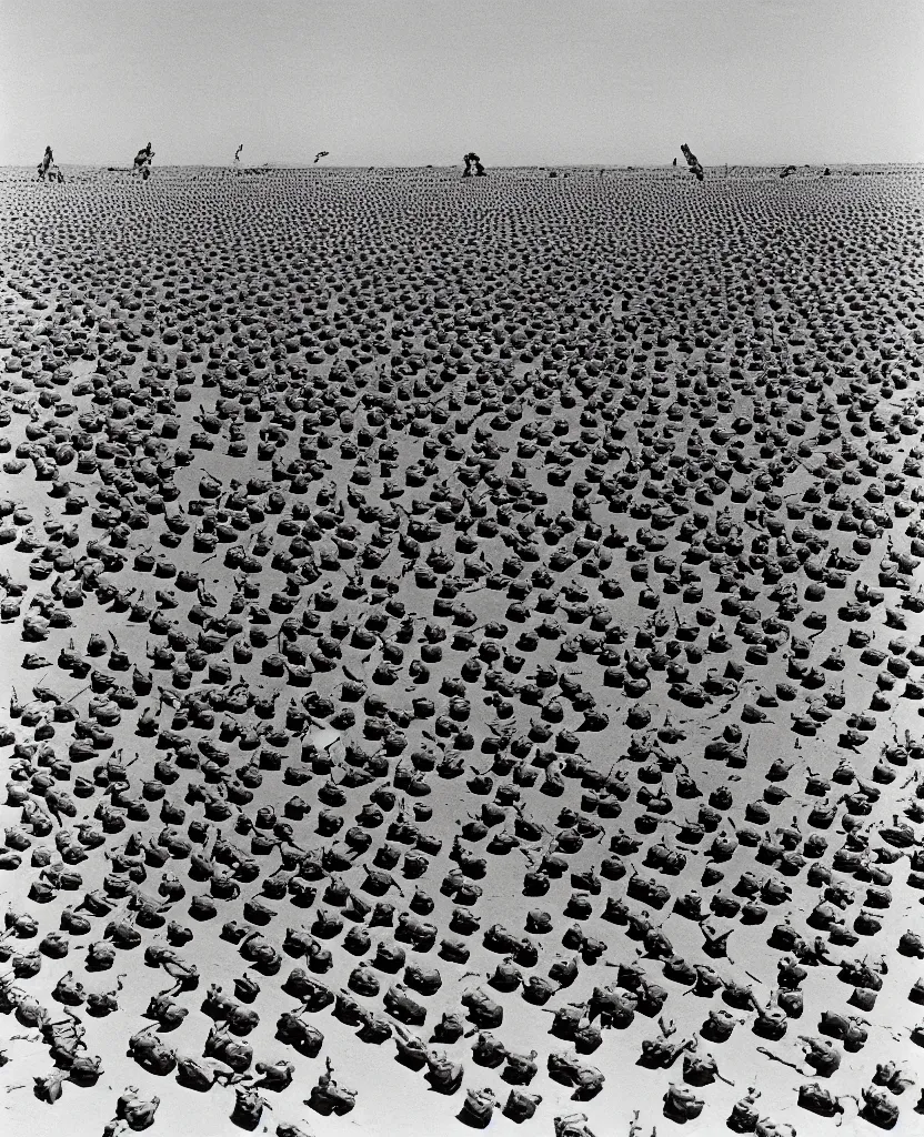 Image similar to a beautiful painting of bombs and soldiers on desert in el alamein battle, wwii, black and white, painted by escher, disorder