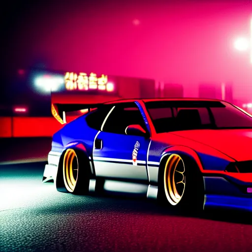 Image similar to a car 300ZX twin turbo drift at illegal car meet, Shibuya prefecture, city midnight mist lights, cinematic lighting, photorealistic, highly detailed wheels, high detail