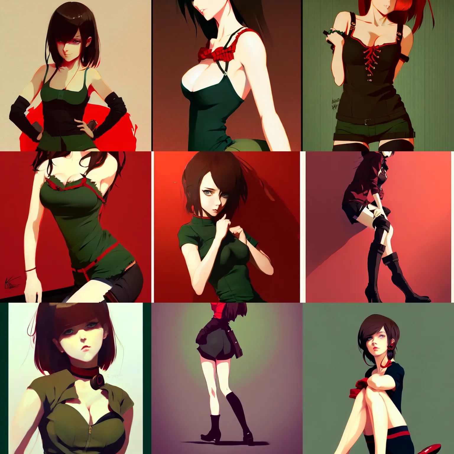 Prompt: gorgeous girl with brown hair and green eyes, wearing a camisole and boots, red and black color palette, in the style of and ilya kuvshinov and greg rutkowski, high quality anime artstyle, intricate