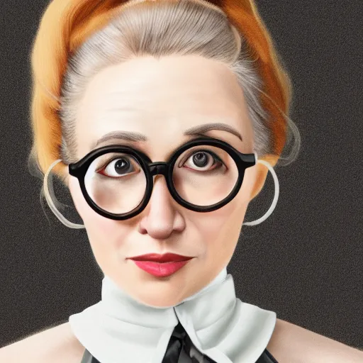 Image similar to a severe middle aged french woman with blonde hair tied in a strict bun, spectacles, lots of makeup, rich, victorian outfit, character portrait, digital art, high quality, 8 k, detailed, d & d character,