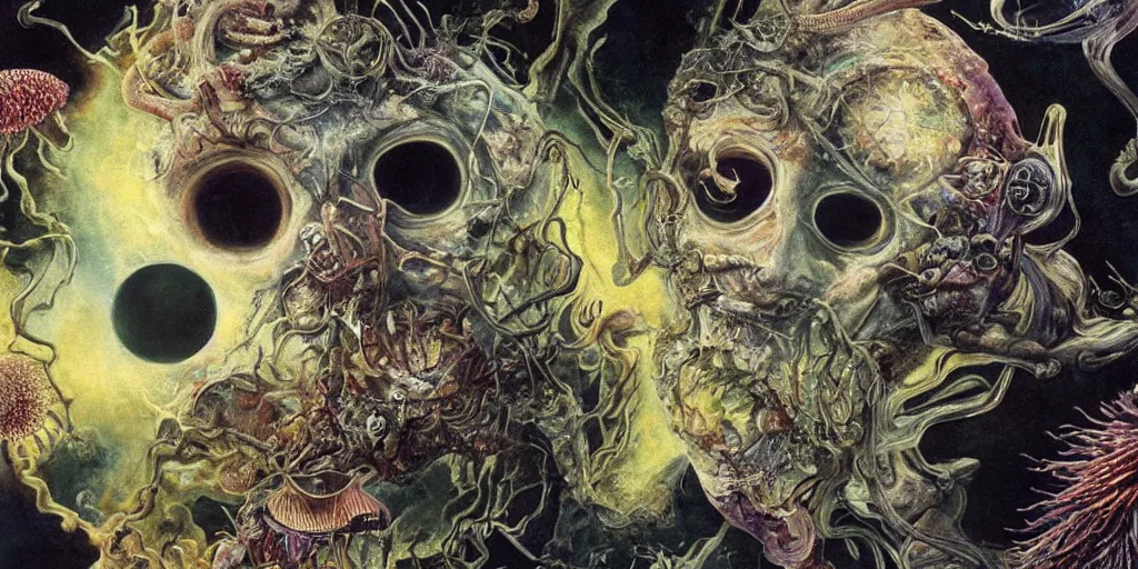 Image similar to a beautiful dreamy painting of a coronavirus inside a high-resolution television screen, laughing alien face, dark, sinister, detailed, art by Ernst Haeckel and Matt Lombardi and Greg Rutkowski-H 576