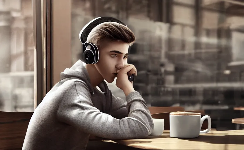 Image similar to a male teenager with headphones in a cafe sitting in front of a table with a coffee, digital painting, masterpiece, digital art, concept art, octane render, unreal engine 5, trending on deviantart, highly detailed, high quality, 4 k, cartoon, high coherence, realistic, anatomically correct, five fingers, relaxing, realistic and detailed face, beautiful, elegant