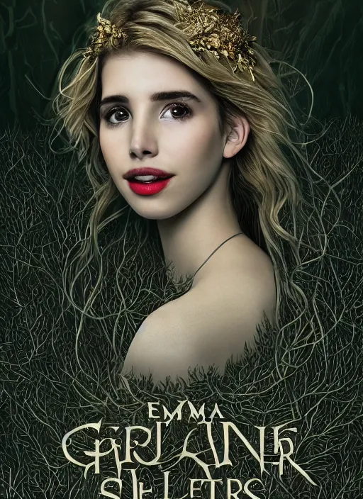 Image similar to glowing silver and golden elements, full close-up portrait, mixture of Emma Roberts, Sairone Miller, Elizabeth Brown Millerstone and Ryan Gosling as a dark witch, book cover, green forest, white moon, red lips, establishing shot, extremly high detail, photo-realistic, cinematic lighting, pen and ink, intricate line drawings, by Yoshitaka Amano, Ruan Jia, Kentaro Miura, Artgerm, post processed, concept art, artstation, matte painting, style by eddie mendoza, raphael lacoste, alex ross