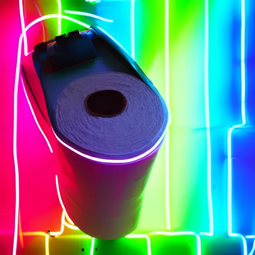 Prompt: toilet paper, gaming, neon, sleek, RGB lights, product photography