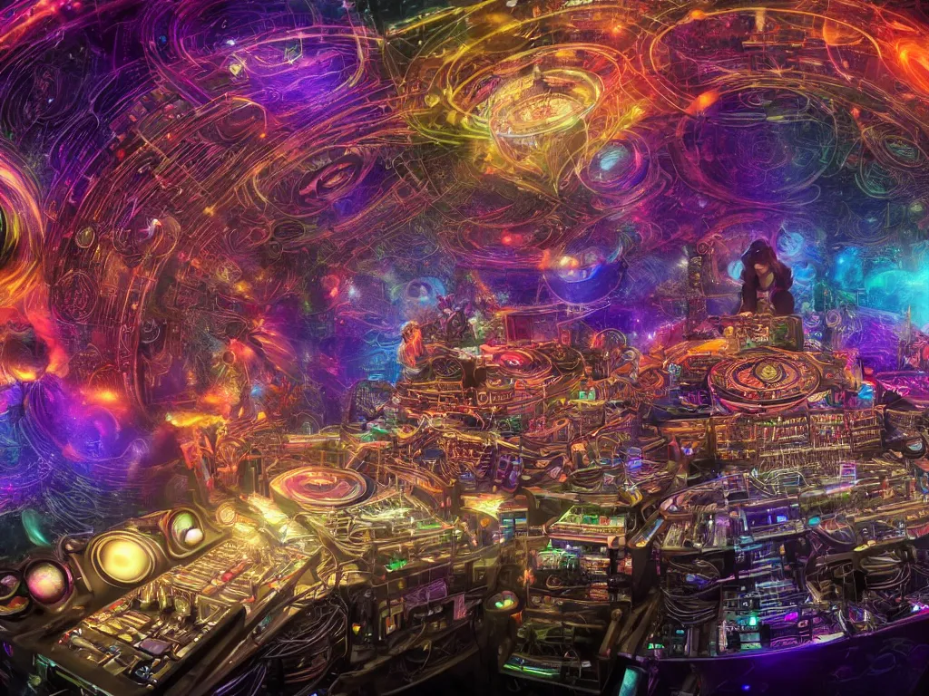 Image similar to an incredible masterpiece of a mystical dj playing a vast array of highly evolved and complex musical technology surrounded by an incredible and complex circular structure in the cosmos, by android jones, octane render, 8 k