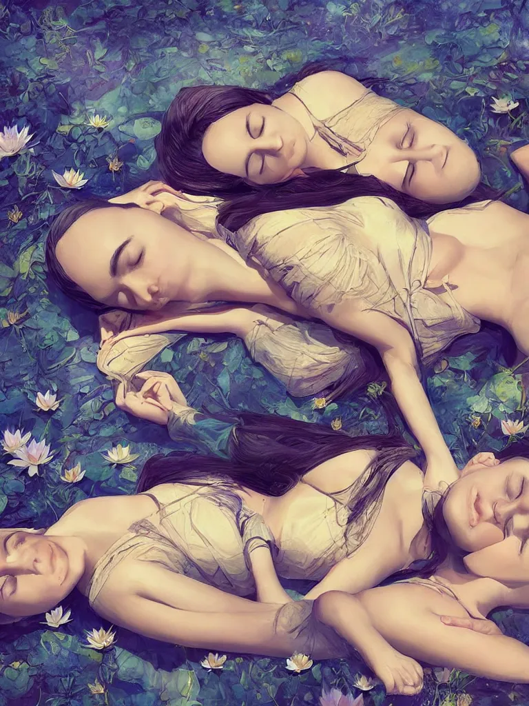 Image similar to beautiful female ancient Egyptian goddesses lying down asleep together next to the river Nile, blue lotus flowers grow around them as they sleep peacefully, intoxicated by the perfume, by Alessio Albi, painted by Artgerm