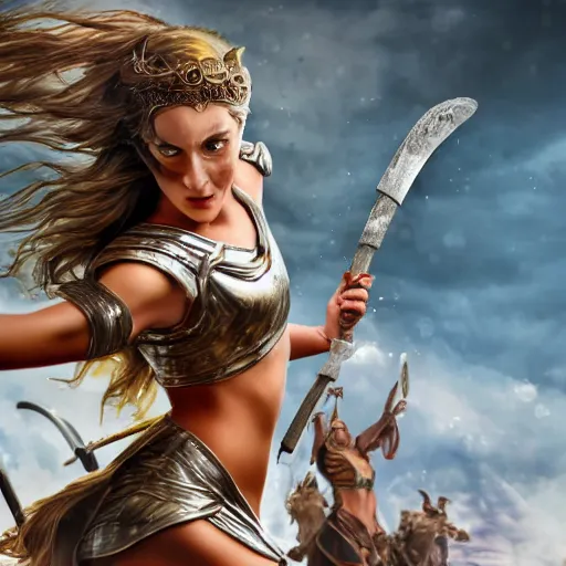 Image similar to Greek goddess Athena fighting with stupidity, stupidity is represented by horde of internet influencers, realistic person, spear in the right hand, long hair, detailed body and face, natural look, realistic photography, hyper realistic, highly detailed, 4k, battle landscape, high quality image, couraging and atmospheric composition