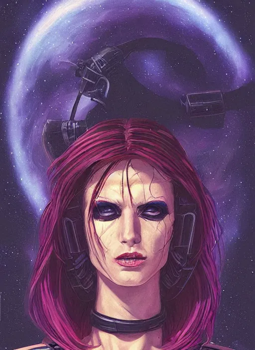 Image similar to portrait of female space pirate, night sky background, beautiful! coherent! by brom, deep color, strong line, high contrast