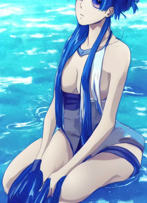 Image similar to a woman with blue hair sitting in the water, an anime drawing by yuumei, featured on pixiv, rayonism, pixiv, seapunk, anime