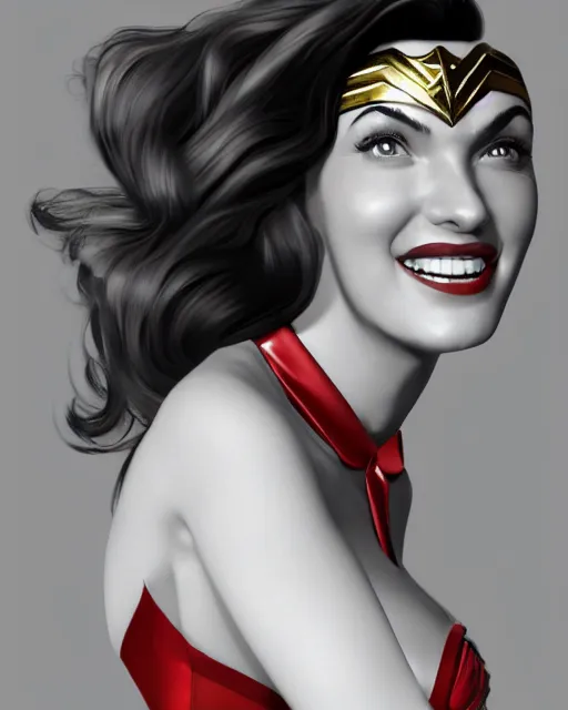 Prompt: digital art, close-up shot, kodachromatic studio portrait of Wonder Woman in her 20s, double split halter open thigh dress, smiling, in the style of 1950s pinups, illustration by Warren Louw,photorealistic, realistic, ultra detailed, unreal engine, octane render, 8k resolution